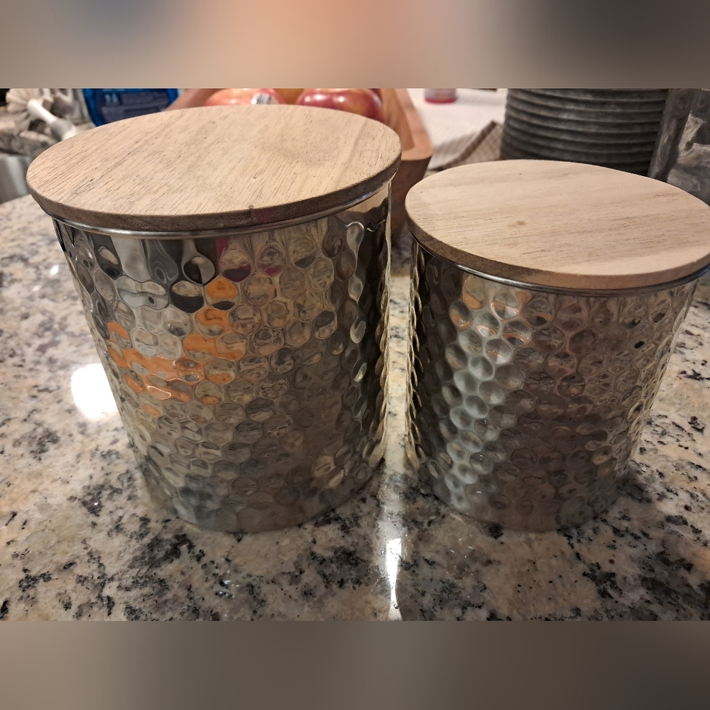 Uncommon James Silver Hammered Canisters with Wooden Lids